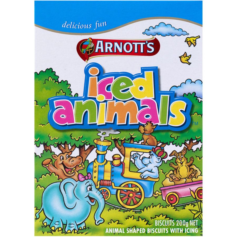 Arnott's Iced Animals Biscuits 200g pack showing colorful animal shaped iced cookies for kids