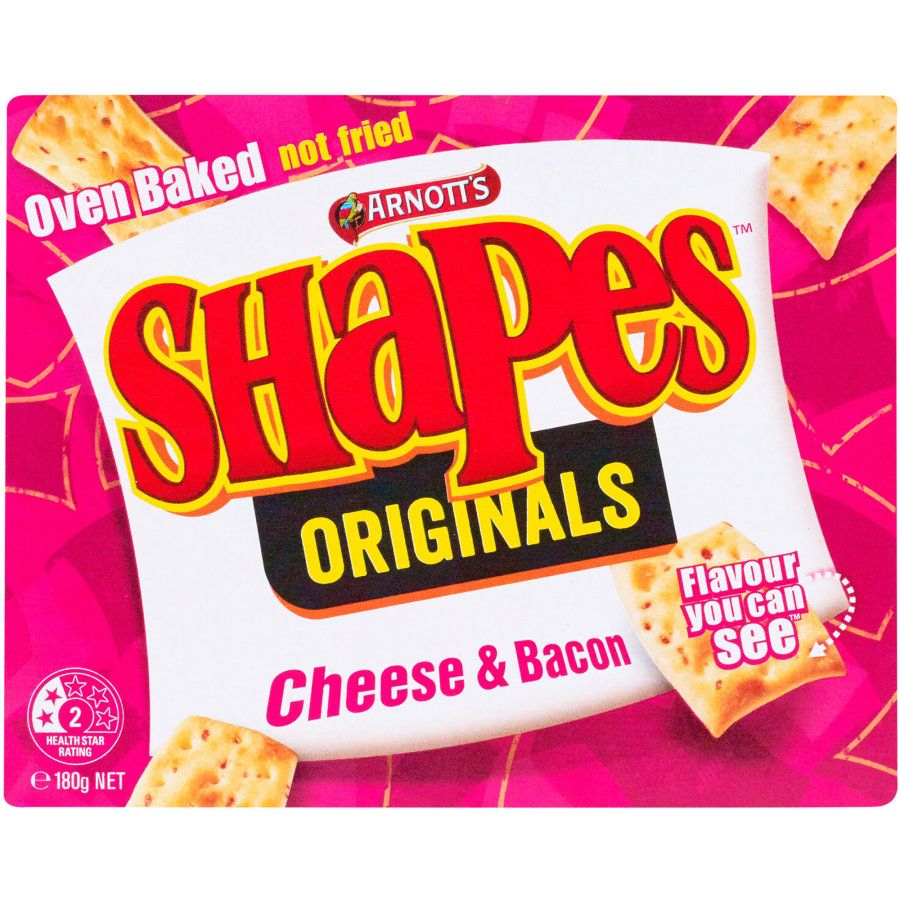 Arnott's Shapes Originals Cheese and Bacon 175g box of oven baked savory crackers with flavor you can see.