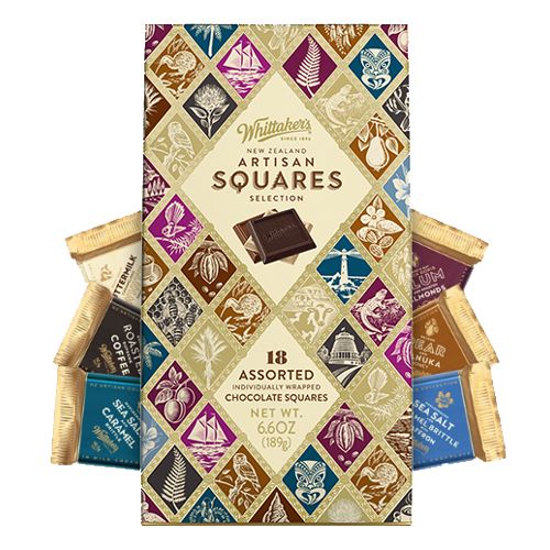 Whittaker’s Artisan Squares Selection 189g assortment of premium New Zealand artisan chocolate squares variety pack gold packaging available in the USA and worldwide