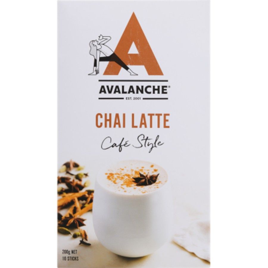 Avalanche Cafe Style Chai Latte 200g box with ten individual sachets of spiced black tea and milk powder.