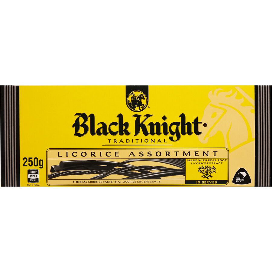 Black Knight Traditional Licorice Assortment 250g bag with a variety of black licorice shapes from New Zealand