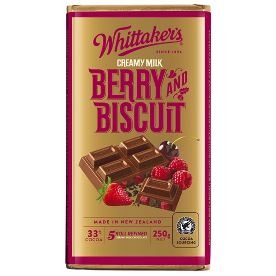 Whittaker’s Berry & Biscuit Chocolate Block 250g – New Zealand milk chocolate with berry pieces and biscuit chunks, purple wrapper, available in the USA.