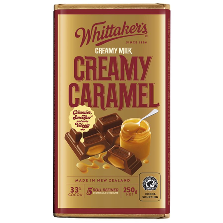 Whittaker’s Caramel Chocolate Block 250g – creamy New Zealand milk chocolate with caramel pieces, gold and brown packaging, available in the USA.