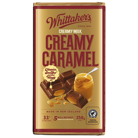 Whittaker’s Caramel Chocolate Block 250g – creamy New Zealand milk chocolate with caramel pieces, gold and brown packaging, available in the USA.