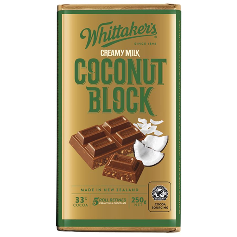 Whittaker’s Coconut Chocolate Block 250g – creamy New Zealand milk chocolate with coconut pieces, gold and white packaging, available in the USA.