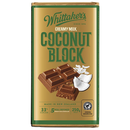 Whittaker’s Coconut Chocolate Block 250g – creamy New Zealand milk chocolate with coconut pieces, gold and white packaging, available in the USA.