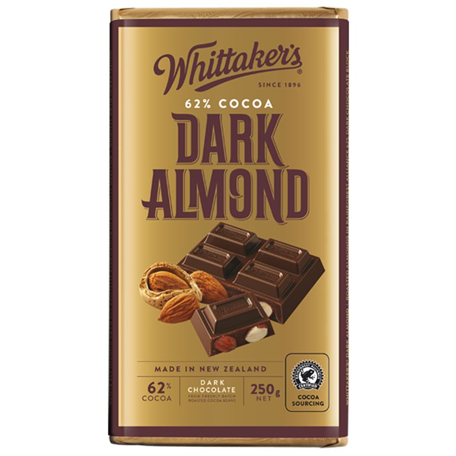 Whittaker’s 62% Dark Almond Chocolate Block 250g – premium New Zealand dark chocolate with roasted almonds, brown and gold packaging, available in the USA.