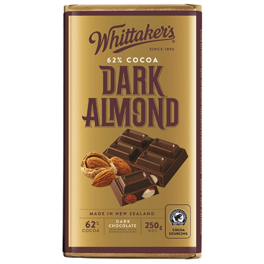 Whittaker’s 62% Dark Almond Chocolate Block 250g – premium New Zealand dark chocolate with roasted almonds, brown and gold packaging, available in the USA.