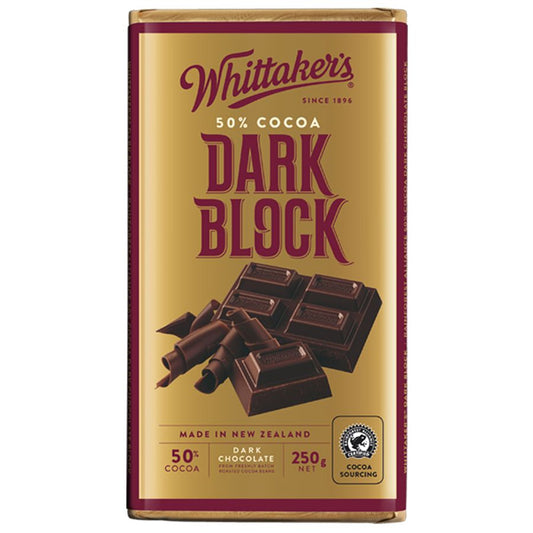 Whittaker’s 50% Dark Chocolate Block 250g – premium New Zealand dark chocolate in brown and gold packaging, available in the USA.