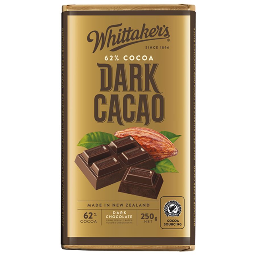 Whittaker’s 62% Dark Cacao Chocolate Block 250g – premium New Zealand dark chocolate bar in brown and gold packaging, available in the USA.