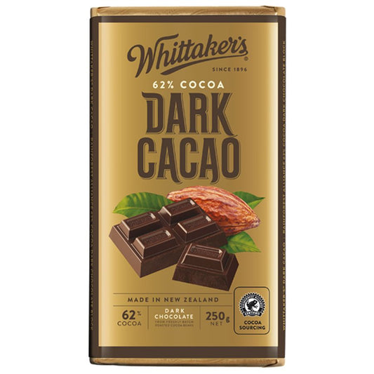 Whittaker’s 62% Dark Cacao Chocolate Block 250g – premium New Zealand dark chocolate bar in brown and gold packaging, available in the USA.