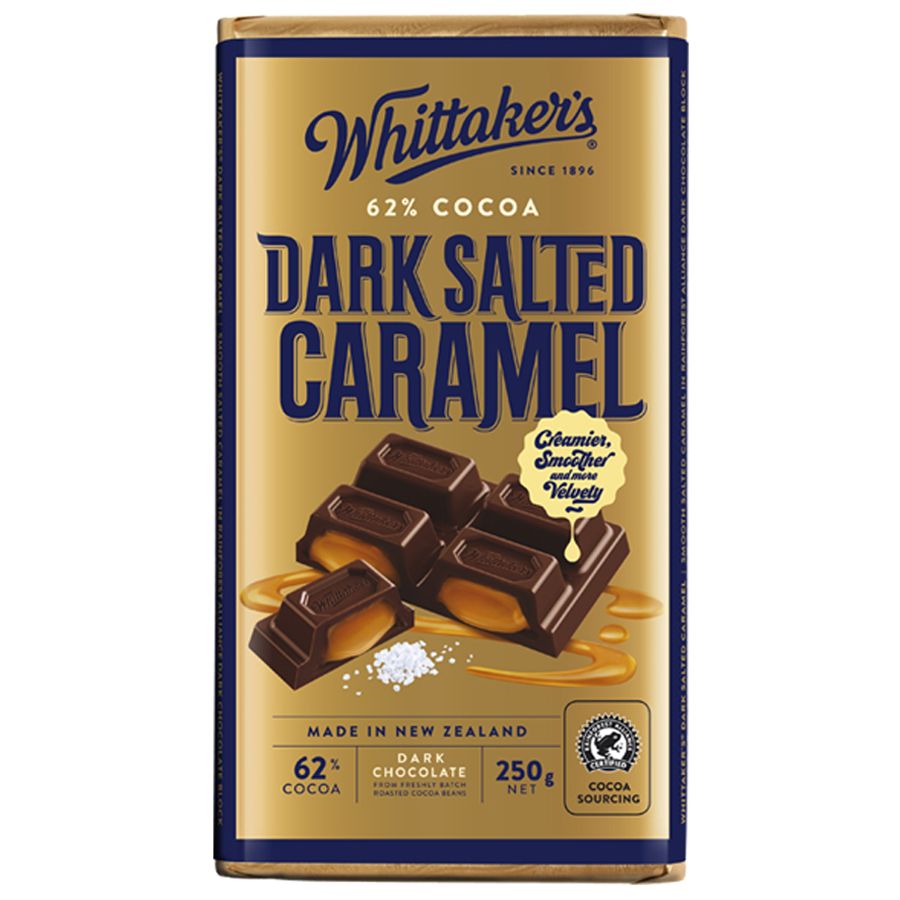 Whittaker’s 62% Dark Salted Caramel Chocolate Block 250g – New Zealand dark chocolate bar with salted caramel pieces, in brown and gold packaging, available in the USA.
