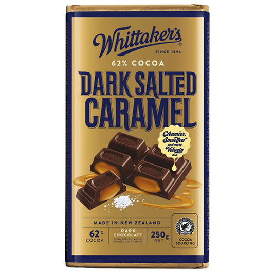 Whittaker’s 62% Dark Salted Caramel Chocolate Block 250g – New Zealand dark chocolate bar with salted caramel pieces, in brown and gold packaging, available in the USA.