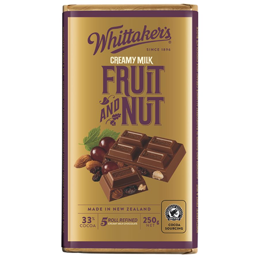 Whittaker’s Fruit & Nut Chocolate Block 250g – creamy New Zealand milk chocolate with real fruit and nuts, gold and brown packaging, available in the USA.