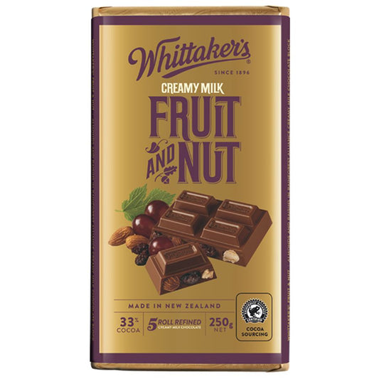 Whittaker’s Fruit & Nut Chocolate Block 250g – creamy New Zealand milk chocolate with real fruit and nuts, gold and brown packaging, available in the USA.