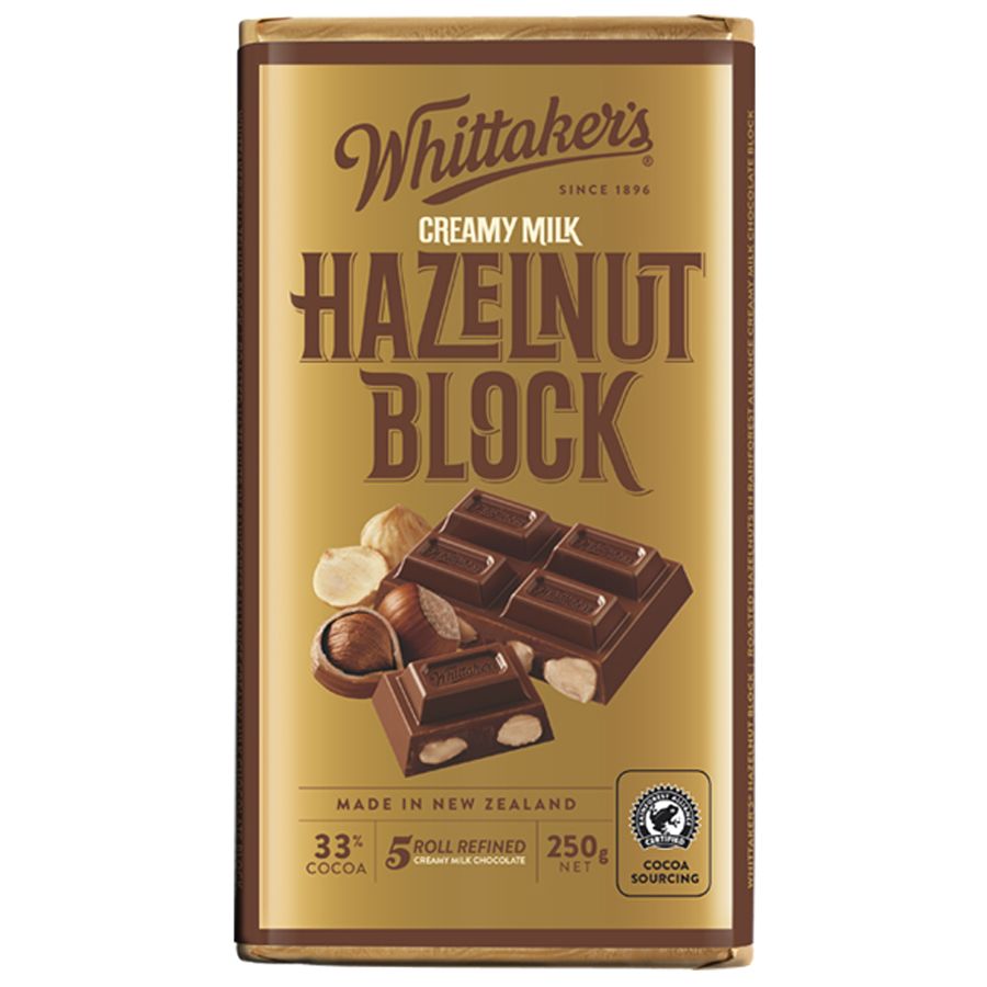 Whittaker’s Hazelnut Chocolate Block 250g – creamy New Zealand milk chocolate with roasted hazelnuts, gold and brown packaging, available in the USA.