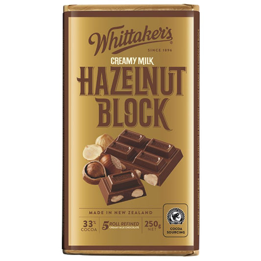 Whittaker’s Hazelnut Chocolate Block 250g – creamy New Zealand milk chocolate with roasted hazelnuts, gold and brown packaging, available in the USA.