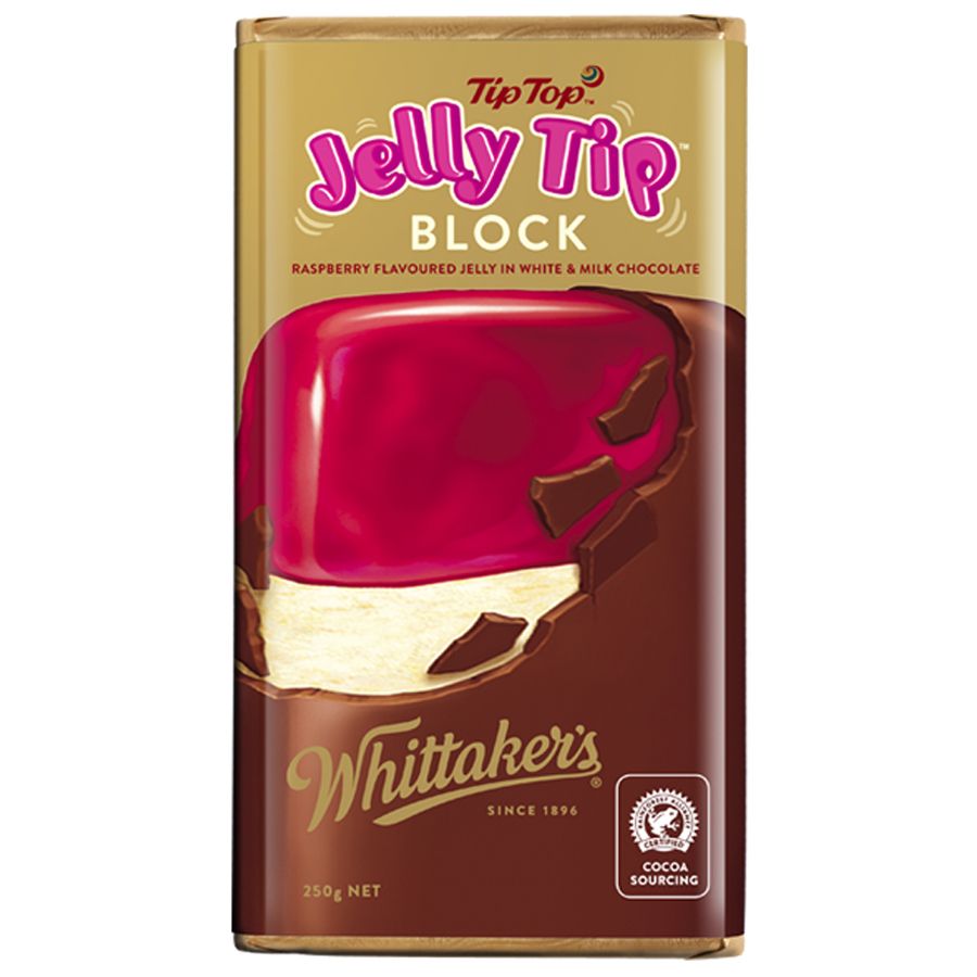 Whittaker’s Jelly Tip Chocolate Block 250g smooth New Zealand milk chocolate with raspberry jelly, gold and red packaging available in the USA