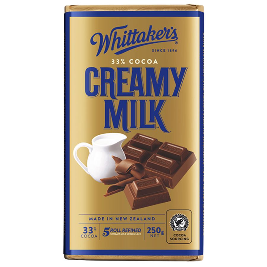 Whittaker’s Creamy Milk Chocolate Block 250g – smooth New Zealand milk chocolate in gold packaging, premium NZ chocolate available in the USA.