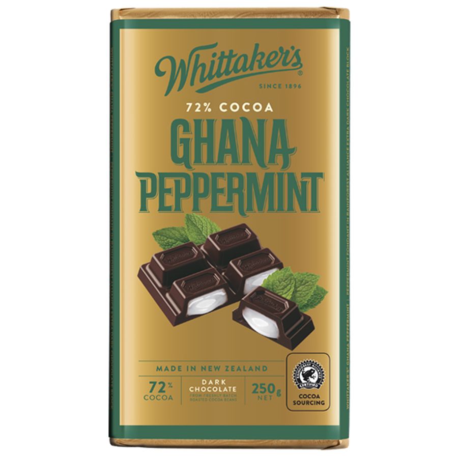 Whittaker’s 72% Ghana Peppermint Chocolate Block 250g – New Zealand dark chocolate with peppermint, in brown and green wrapper, available in the USA.