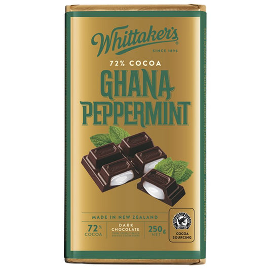 Whittaker’s 72% Ghana Peppermint Chocolate Block 250g – New Zealand dark chocolate with peppermint, in brown and green wrapper, available in the USA.