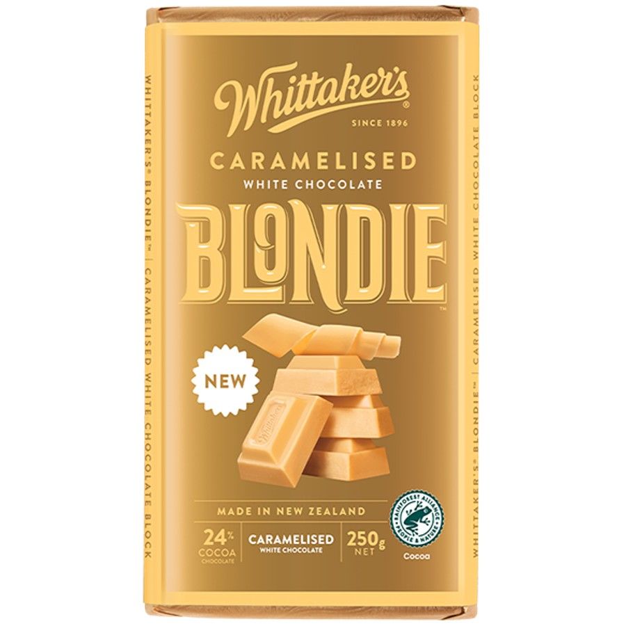 Whittaker’s Blondie Chocolate Block 250g – creamy New Zealand milk chocolate with caramelised blondie pieces, gold and cream packaging, available in the USA.