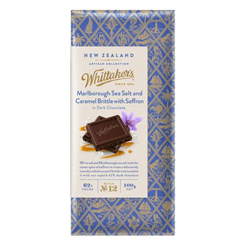 Whittaker’s Artisan Sea Salt and Caramel with Saffron Chocolate 100g creamy New Zealand milk chocolate with caramel sea salt and saffron artisan block available in the USA and worldwide
