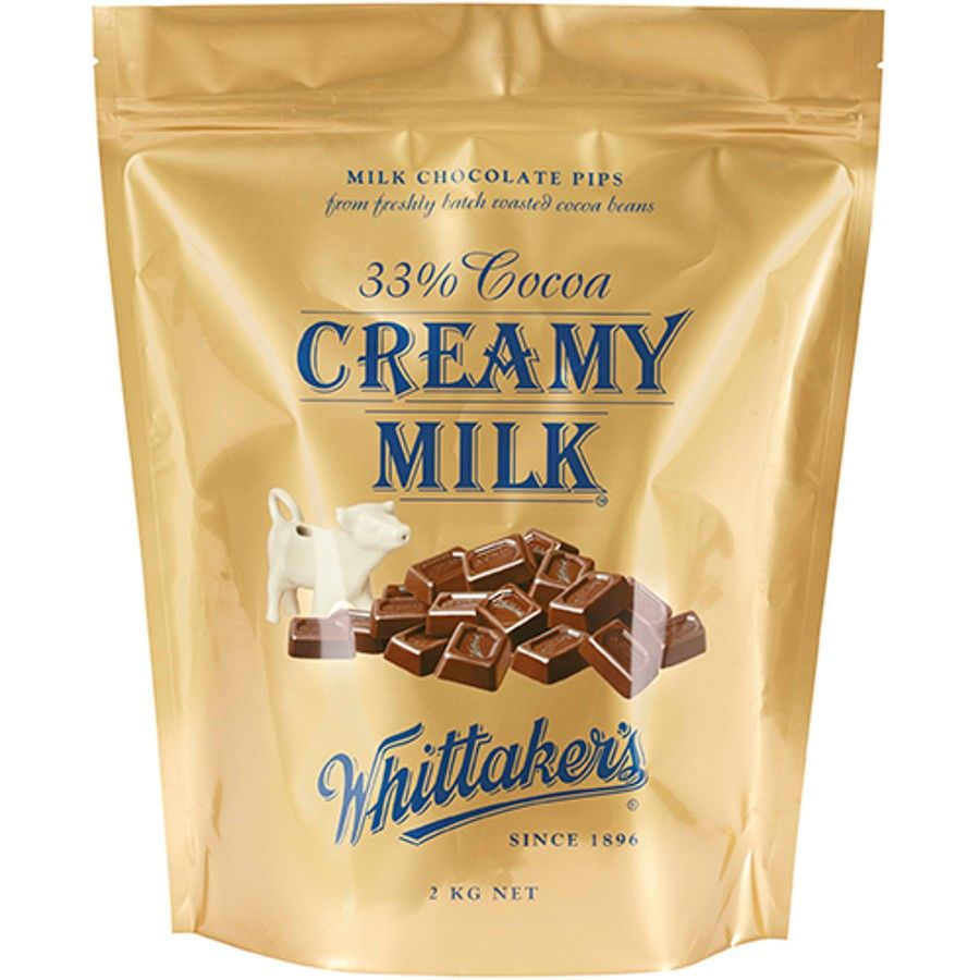 Whittaker’s Creamy Chocolate Pips 2kg premium New Zealand milk chocolate chips bulk pack ideal for baking and snacking available in the USA and worldwide