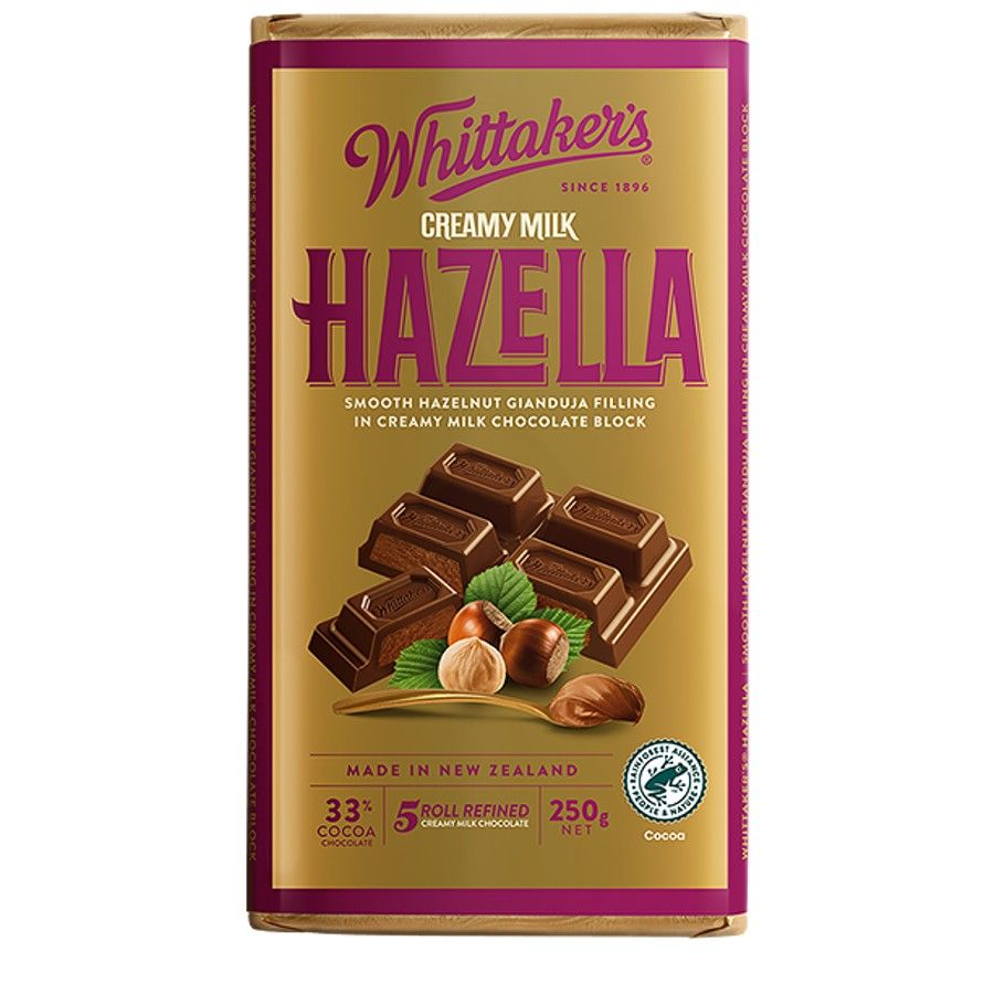 Whittaker’s Hazella Chocolate Block 250g – creamy New Zealand milk chocolate with roasted hazelnuts, gold and brown packaging, available in the USA.
