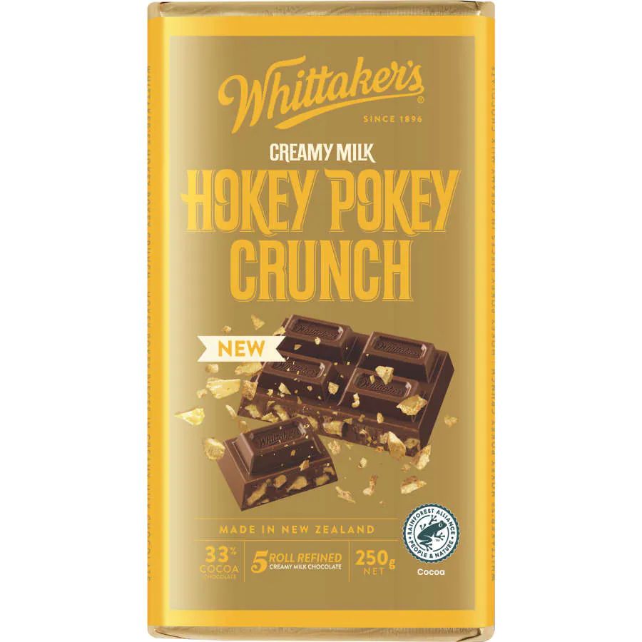Whittaker’s Hokey Pokey Crunch Chocolate Block 250g – creamy New Zealand milk chocolate with crunchy hokey pokey pieces, gold packaging, available in the USA.