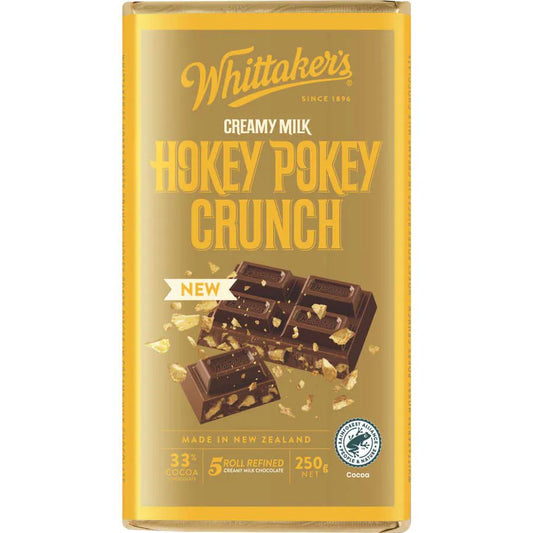 Whittaker’s Hokey Pokey Crunch Chocolate Block 250g – creamy New Zealand milk chocolate with crunchy hokey pokey pieces, gold packaging, available in the USA.
