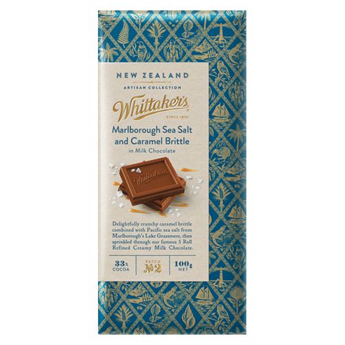 Whittaker’s Artisan Marlborough Sea Salt and Caramel Chocolate 100g smooth New Zealand milk chocolate with caramel pieces and sea salt artisan block available in the USA and worldwide