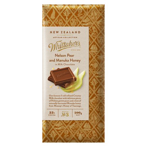 Whittaker’s Artisan Nelson Pear and Manuka Honey Chocolate 100g smooth New Zealand milk chocolate with pear pieces and Manuka honey artisan block available in the USA and worldwide