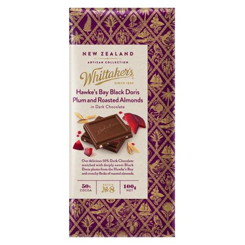 Whittaker’s Artisan NZ Black Plum and Roast Almonds Chocolate 100g creamy New Zealand milk chocolate with black plum pieces and roasted almonds artisan block available in the USA and worldwide