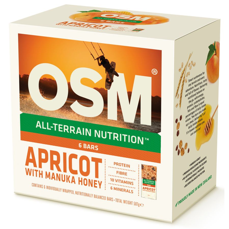 One Square Meal Apricot and Honey 6 pack 495g nutrition bars with real apricots and Manuka honey made in New Zealand.