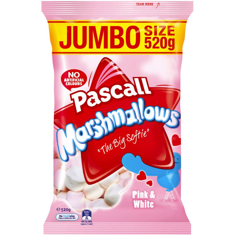 Pascall Marshmallows Pink and White 520g jumbo family share bag of fluffy vanilla and raspberry flavored marshmallow sweets from New Zealand