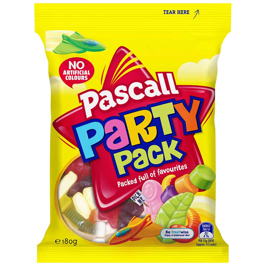 Pascall Party Pack 180g share bag showing a mixed assortment of iconic fruit flavored gummy lollies from New Zealand