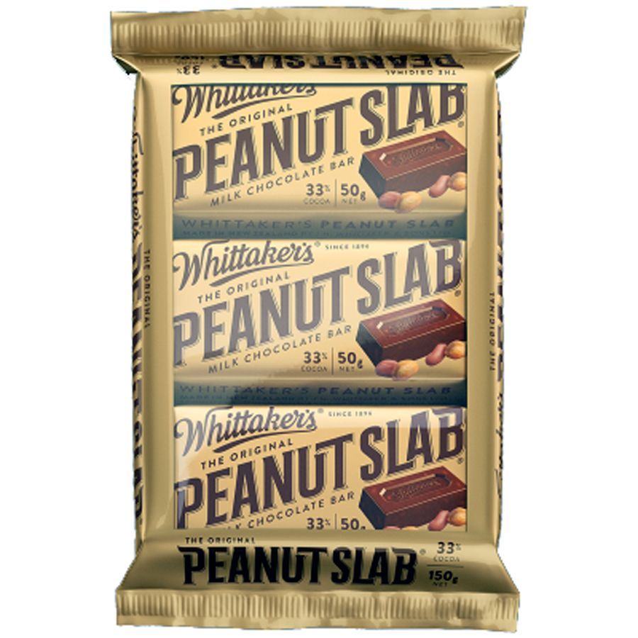 Whittaker’s Peanut Slab 3 Pack smooth New Zealand milk chocolate with roasted peanuts snack size bars gold wrapper available in the USA and worldwide