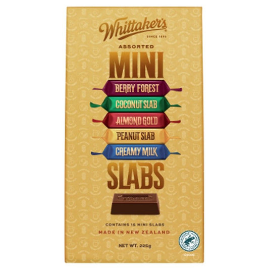 Whittaker’s Assorted Mini Slabs 225g variety pack of New Zealand milk and dark chocolates mini bars in colorful packaging available in the USA and worldwide