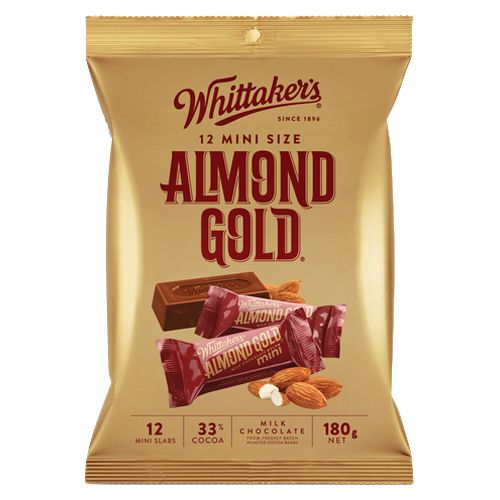 Whittaker's Almond Gold Mini Slabs 180g share bag containing 12 individually wrapped New Zealand milk chocolate bars with roasted almonds.