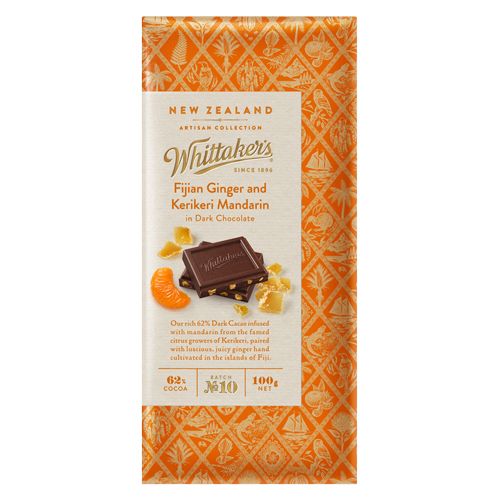Whittaker’s Artisan Collection Fijian Ginger and Kerikeri Mandarin dark chocolate 100g bar featuring 62 percent cocoa dark chocolate.