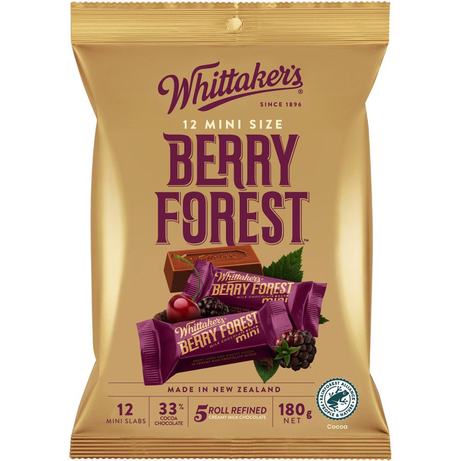 Whittaker's Berry Forest Mini Slabs 180g share bag containing 12 individually wrapped New Zealand milk chocolate bars with chewy berry pieces.