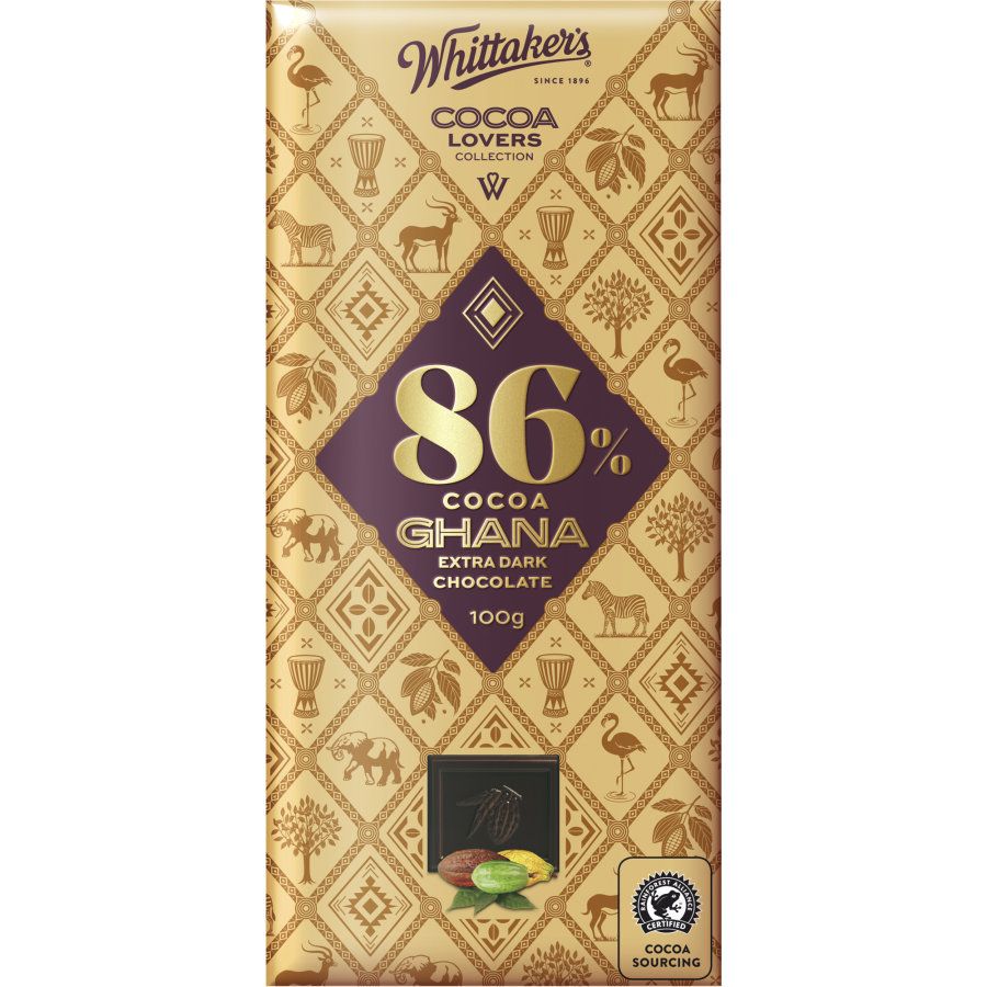 Whittaker's Cocoa Lovers 86 percent Ghana Extra Dark Chocolate 100g block of intense New Zealand dark chocolate.