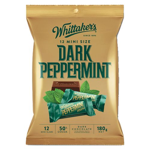 Whittaker’s Dark Peppermint Chocolate Mini Slabs 180g share pack featuring 12 individually wrapped New Zealand dark chocolate pieces with a refreshing peppermint center.