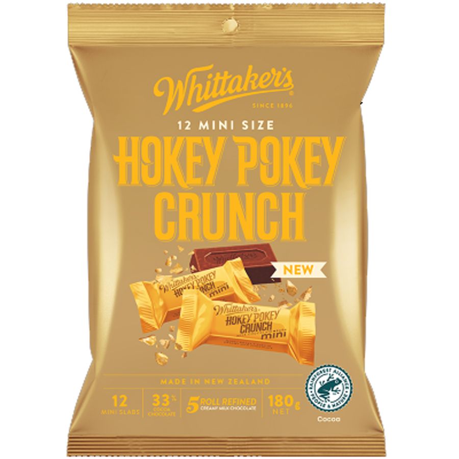 Whittaker’s Hokey Pokey Crunch Sharepack 180g featuring 12 individually wrapped mini milk chocolate slabs with crunchy honeycomb pieces.