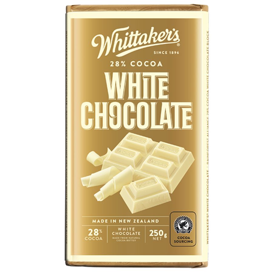 Whittaker’s White Chocolate 250g block of premium New Zealand made creamy chocolate using 28% cocoa butter and local milk.