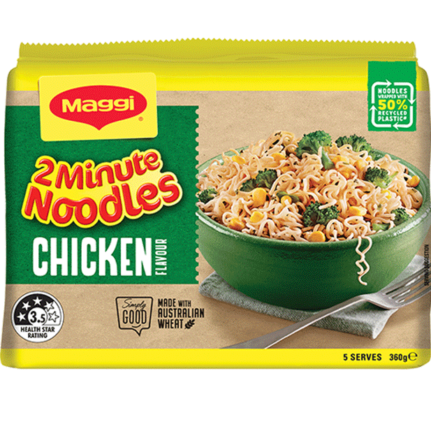 Maggi 2 Minute Noodles Chicken flavor packaging with a bowl of noodles on a white background