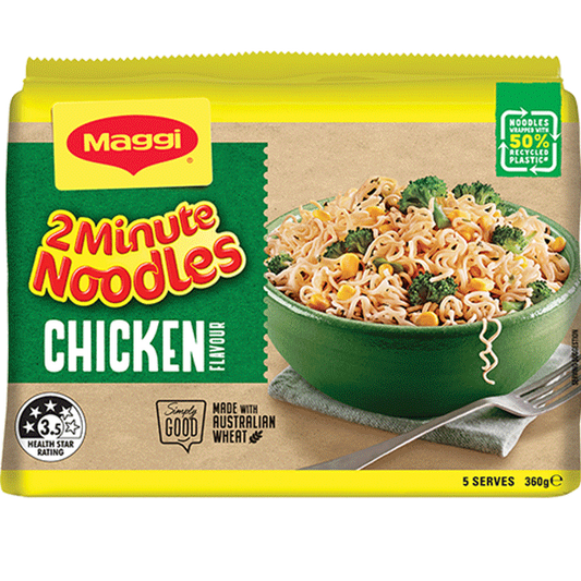 Maggi 2 Minute Noodles Chicken flavor packaging with a bowl of noodles on a white background
