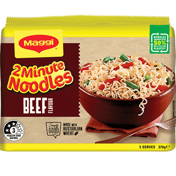 Maggi 2 Minute Noodles Beef flavour packaging with a bowl of noodles on a white background