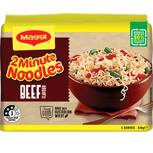 Maggi 2 Minute Noodles Beef flavour packaging with a bowl of noodles on a white background